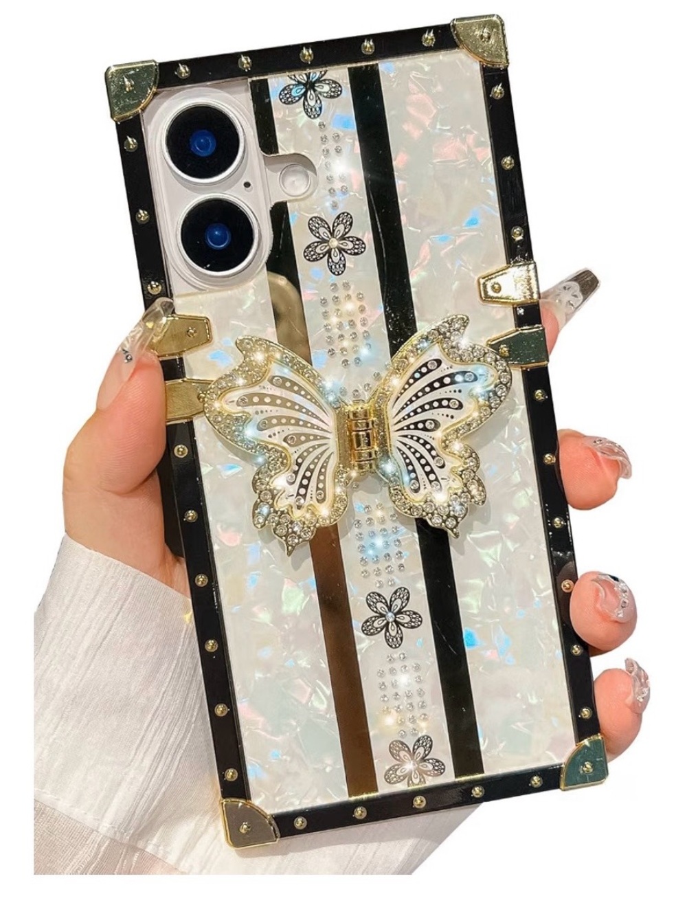 Glamour Luxury Bling Pearl Butterfly Foldable Kickstand Case iPhone 16 NEW NIP